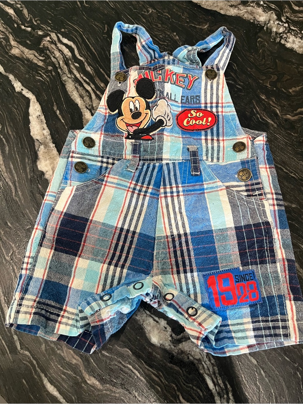 Disney Vintage Blue Plaid Mickey Mouse Overalls shortalls 18 mo